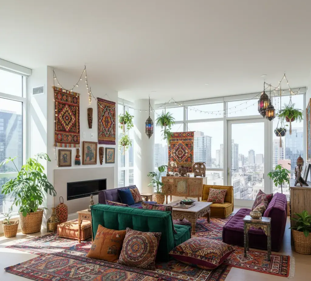 After - Bohemian Eclectic living room with vibrant patterns