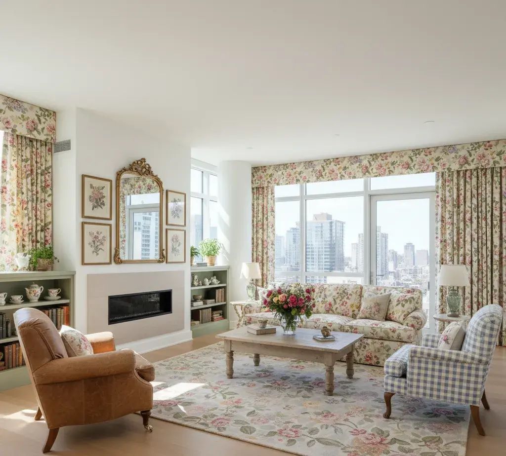 After - English Cottage living room with floral patterns