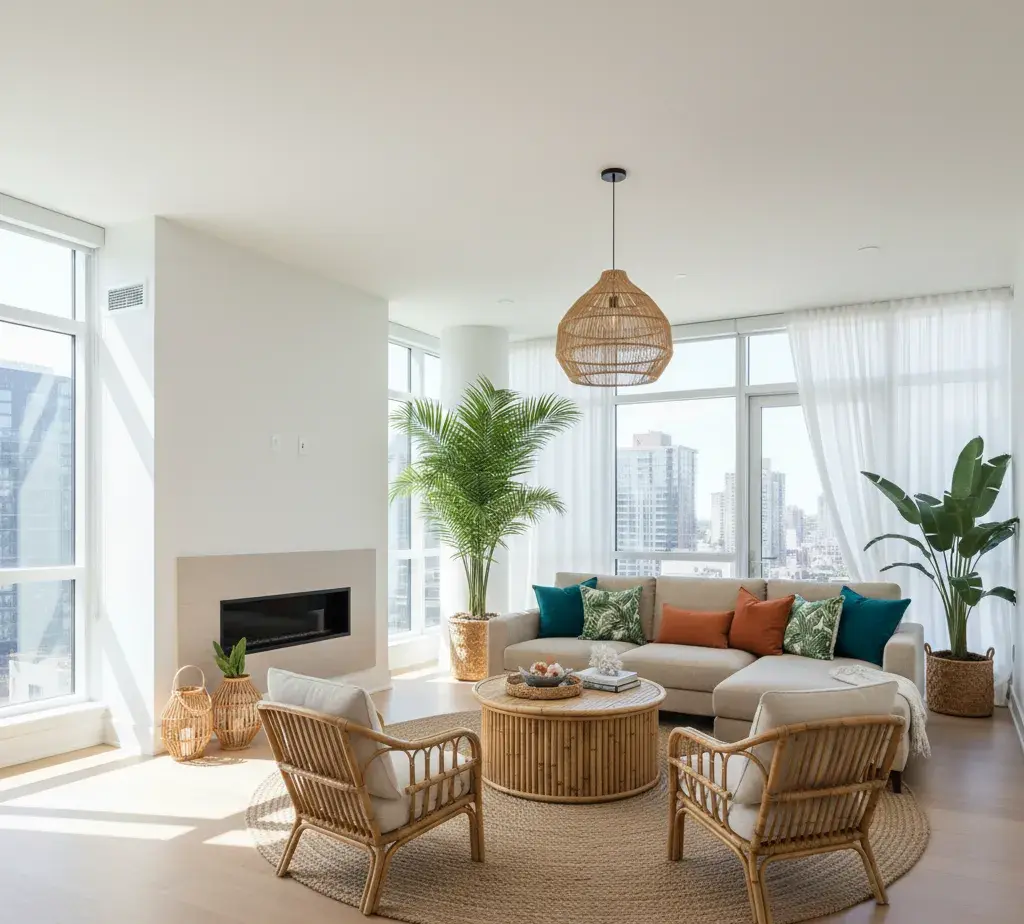 After - Tropical Resort living room with palm motifs